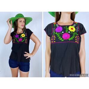 vintage Black DAY GLO Bright Floral MEXICAN Top handmade folk tunic top colorful